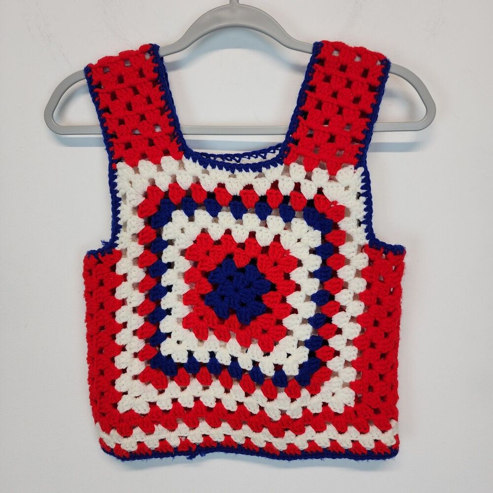 Womens Handmade Granny Square Crochet Sweater Size S Red White Blue Patriotic